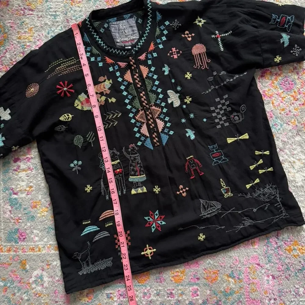 Johnny Was Pete & Greta Seraphina Black Embroidered Short Sleeve Top Women’s XS - Picture 7 of 10